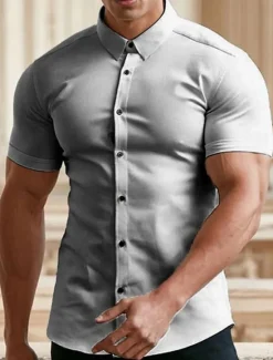 Best OUKU Men's Summer Shirt Casual Shirt Button Up Shirt Black White Red Green Dark Blue Short Sleeve Plain Turndown Vacation Street Button-Down Clothing Apparel Fashion Leisure