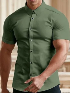 Best OUKU Men's Summer Shirt Casual Shirt Button Up Shirt Black White Red Green Dark Blue Short Sleeve Plain Turndown Vacation Street Button-Down Clothing Apparel Fashion Leisure
