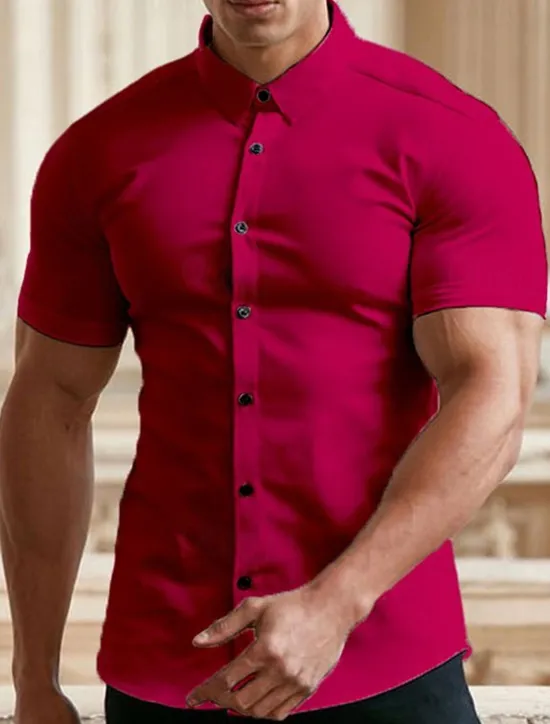 Best OUKU Men's Summer Shirt Casual Shirt Button Up Shirt Black White Red Green Dark Blue Short Sleeve Plain Turndown Vacation Street Button-Down Clothing Apparel Fashion Leisure