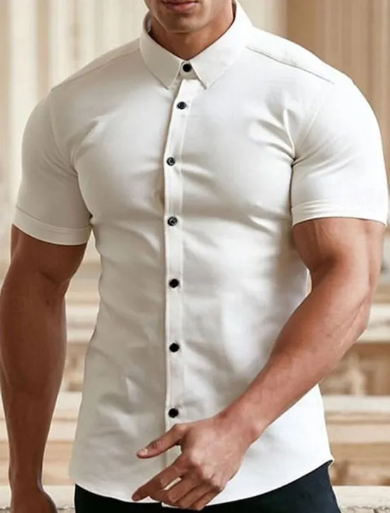 Best OUKU Men's Summer Shirt Casual Shirt Button Up Shirt Black White Red Green Dark Blue Short Sleeve Plain Turndown Vacation Street Button-Down Clothing Apparel Fashion Leisure