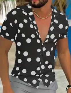 OUKU Men's Summer Shirt Casual Shirt Button Up Shirt Short Sleeve Polka Dot Turndown Vacation Street Button-Down Clothing Apparel Polyester Fashion Leisure White