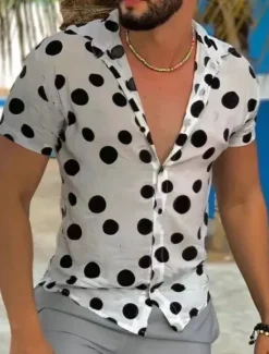 OUKU Men's Summer Shirt Casual Shirt Button Up Shirt Short Sleeve Polka Dot Turndown Vacation Street Button-Down Clothing Apparel Polyester Fashion Leisure White