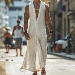 Hot OUKU Men's Summer Shirt Casual Shirt Beach Shirt Cotton Shirt Sleeveless Solid / Plain Color V Neck Vacation Hawaiian Clothing Apparel Fashion Casual Comfortable White