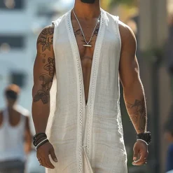Hot OUKU Men's Summer Shirt Casual Shirt Beach Shirt Cotton Shirt Sleeveless Solid / Plain Color V Neck Vacation Hawaiian Clothing Apparel Fashion Casual Comfortable White