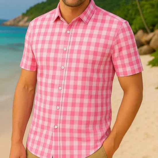 Discount OUKU Men's Summer Shirt Casual Shirt Beach Shirt Button Up Shirt Black Pink Sky Blue Short Sleeve Plaid / Check Lapel Vacation Hawaiian Button-Down Clothing Apparel Polyester Fashion Casual Bavarian