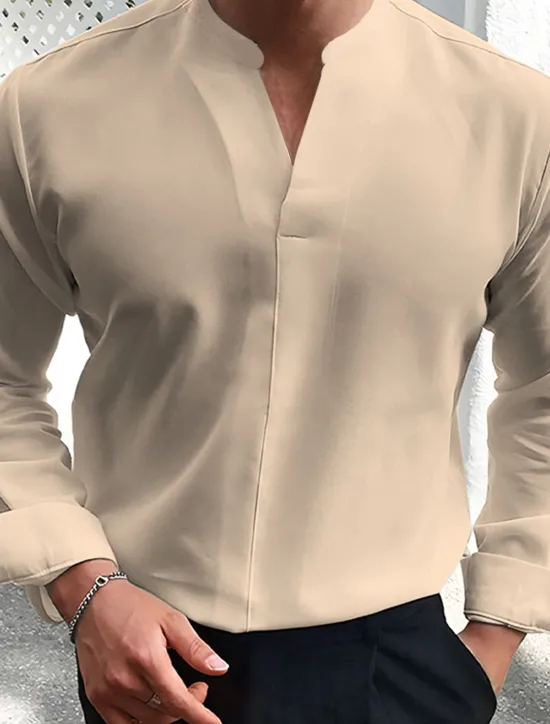 Hot OUKU Men's Summer Shirt Casual Shirt Black White Wine Dark Navy Blue Long Sleeve Plain V Neck Street Vacation Sexy Clothing Apparel Fashion Shirts Leisure