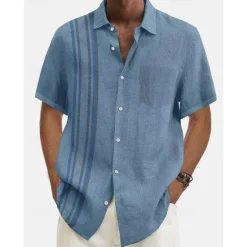 Best OUKU Men's Summer Shirt Casual Shirt Beach Shirt Button Up Shirt Blue Green Short Sleeve Pattern Stripes Lapel Vacation Hawaiian Clothing Apparel Polyester Fashion Casual Comfortable