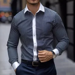 Best OUKU Men's Summer Shirt Casual Shirt Beach Shirt Collared Shirt Button Up Shirt Striped Shirts Black Blue Purple Brown Green Long Sleeve Stripe Lapel Vacation Holiday Button-Down Clothing Apparel Polyester
