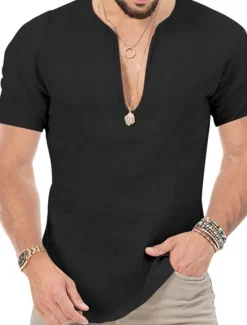 Clearance OUKU Men's Summer Shirt Casual Shirt Beach Shirt Plain Hawaiian Holiday Black White Blue Khaki Short Sleeve V Neck Spring & Summer Clothing Apparel Basic