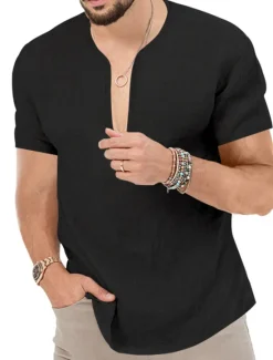 Clearance OUKU Men's Summer Shirt Casual Shirt Beach Shirt Plain Hawaiian Holiday Black White Blue Khaki Short Sleeve V Neck Spring & Summer Clothing Apparel Basic