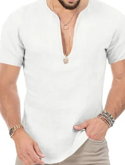 Clearance OUKU Men's Summer Shirt Casual Shirt Beach Shirt Plain Hawaiian Holiday Black White Blue Khaki Short Sleeve V Neck Spring & Summer Clothing Apparel Basic