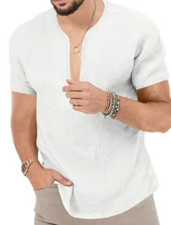 Clearance OUKU Men's Summer Shirt Casual Shirt Beach Shirt Plain Hawaiian Holiday Black White Blue Khaki Short Sleeve V Neck Spring & Summer Clothing Apparel Basic