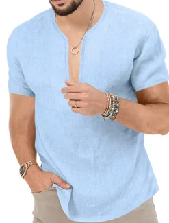 Clearance OUKU Men's Summer Shirt Casual Shirt Beach Shirt Plain Hawaiian Holiday Black White Blue Khaki Short Sleeve V Neck Spring & Summer Clothing Apparel Basic