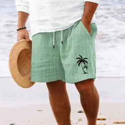 Best OUKU Men's Summer Shorts Beach Shorts Casual Shorts Pocket Drawstring Elastic Waist Coconut Tree Comfort Breathable Short Holiday Vacation Beach Hawaiian Boho White Sky Blue
