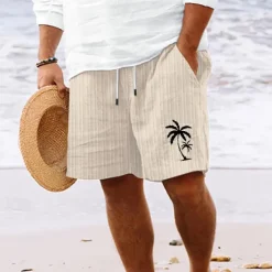 Best OUKU Men's Summer Shorts Beach Shorts Casual Shorts Pocket Drawstring Elastic Waist Coconut Tree Comfort Breathable Short Holiday Vacation Beach Hawaiian Boho White Sky Blue