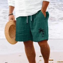 Best OUKU Men's Summer Shorts Beach Shorts Casual Shorts Pocket Drawstring Elastic Waist Coconut Tree Comfort Breathable Short Holiday Vacation Beach Hawaiian Boho White Sky Blue