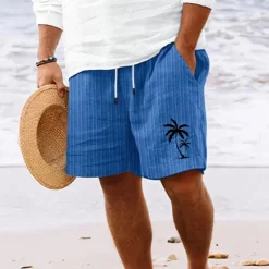 Best OUKU Men's Summer Shorts Beach Shorts Casual Shorts Pocket Drawstring Elastic Waist Coconut Tree Comfort Breathable Short Holiday Vacation Beach Hawaiian Boho White Sky Blue