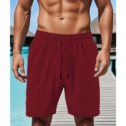 Sale OUKU Men's Summer Shorts Beach Shorts Pocket Drawstring Elastic Waist Plain Comfort Breathable Short Vacation Holiday Beach Hawaiian Boho Black Wine