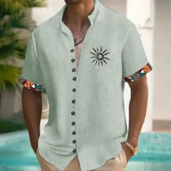 OUKU Men's Sun Ethnic Indian Culture Shirt Button Up Shirt Stand Collar Shirt Short Sleeves Vintage Retro Vacation Daily Summer Spring Grandad Collar Mandarin Collar 3D Print Linen Like Shirt Blue Green