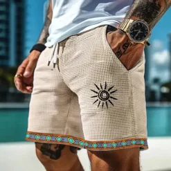 Clearance OUKU Men's Sun Ethnic Indian Culture Waffle Shorts Sweat Shorts Casual Shorts Mid Waist Retro Vintage Vacation Jogging Workout Elastic Drawstring Waist Shorts with Pockets Designer Clothing Apparel