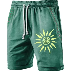 Online OUKU Men's Sun Graphic Prints Sweat Shorts Beach Shorts Terry Shorts Mid Waist Vintage Ethnic Style Retro Vintage Daily Holiday Streetwear Drawstring Elastic Waist 3D Print Designer Clothing Apparel