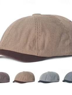 Sale OUKU Men's Sun Hat Bowler Hat khaki Light Grey Cotton Vintage Fashion Casual Street Daily Plaid Sunscreen Breathable