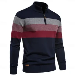 New OUKU Men's Sweater Pullover Sweater Jumper Knitwear Ribbed Knit Regular Tops Zipper Color Block Turndown Knitwear Neutral Outdoor Clothing Apparel Spring & Fall Black Navy Blue S M L