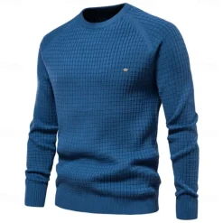 Discount OUKU Men's Sweater Pullover Sweater Jumper Knitwear Ribbed Knit Regular Tops Plaid Crew Neck Knitwear Neutral Outdoor Casual Daily Clothing Apparel Spring & Fall Navy Blue Blue S M L