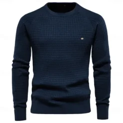 Discount OUKU Men's Sweater Pullover Sweater Jumper Knitwear Ribbed Knit Regular Tops Plaid Crew Neck Knitwear Neutral Outdoor Casual Daily Clothing Apparel Spring & Fall Navy Blue Blue S M L