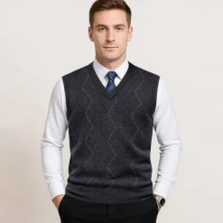Hot OUKU Men's Sweater Vest Knit Jacquard Geometric Pattern V Neck Daily Vests Vacation Home Clothing Apparel Sleeveless Summer Spring Black Khaki S M L