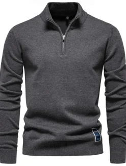 Outlet OUKU Men's Sweater Zip Sweater Ribbed Knit Regular Zipper Solid Color Rolled collar Knitwear Daily Outdoor Sports & Outdoor Clothing Apparel Spring & Fall Navy Blue Green