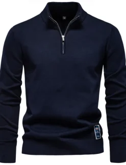 Outlet OUKU Men's Sweater Zip Sweater Ribbed Knit Regular Zipper Solid Color Rolled collar Knitwear Daily Outdoor Sports & Outdoor Clothing Apparel Spring & Fall Navy Blue Green