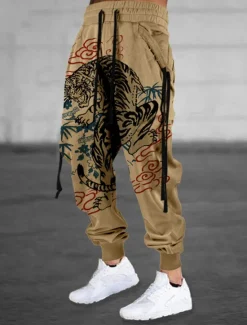 Online OUKU Men's Sweatpants Joggers Trousers Drawstring Elastic Waist 3D Print Animal Tiger Graphic Prints Comfort Sports Outdoor Casual Daily Cotton Blend Streetwear Designer White Khaki Micro-elastic