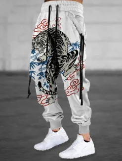Online OUKU Men's Sweatpants Joggers Trousers Drawstring Elastic Waist 3D Print Animal Tiger Graphic Prints Comfort Sports Outdoor Casual Daily Cotton Blend Streetwear Designer White Khaki Micro-elastic