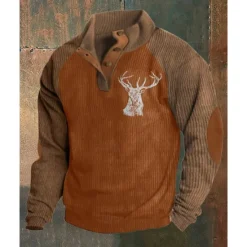 OUKU Men's Sweatshirt khaki&black Black Army Green Navy Blue Brown Standing Collar Color Block Reindeer Patchwork Sports & Outdoor Daily Holiday Polyester Corduroy Streetwear Basic Casual Spring & Fall