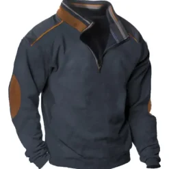 New OUKU Men's Sweatshirt Standing Collar Color Block Patchwork Sports & Outdoor Daily Holiday Corduroy Streetwear Basic Casual Spring & Fall Clothing Apparel Hoodies Sweatshirts Long Sleeve Navy Blue