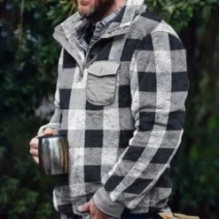 Sale OUKU Men's Sweatshirt Polar Fleece Red Blue Orange Gray Standing Collar Plaid Patchwork Pocket Sports & Outdoor Daily Holiday Polyester Streetwear Basic Casual Fall & Winter Clothing Apparel Hoodies