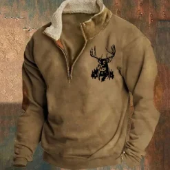OUKU Men's Sweatshirt Quarter Zip Sweatshirt Black Brown Gray Half Zip Color Block Reindeer Patchwork Sports & Outdoor Daily Holiday Polyester Vintage Basic Casual Fall & Winter Clothing Apparel Hoodies