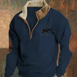 Hot OUKU Men's Sweatshirt Quarter Zip Sweatshirt Black Navy Blue Brown Gray Half Zip Color Block Cow Patchwork Sports & Outdoor Daily Holiday Polyester Vintage Basic Casual Fall & Winter Clothing Apparel