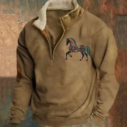 Sale OUKU Men's Sweatshirt Quarter Zip Sweatshirt Black Navy Blue Brown Gray Half Zip Color Block Horse Patchwork Sports & Outdoor Daily Holiday Polyester Vintage Basic Casual Fall & Winter Clothing Apparel