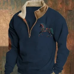 Sale OUKU Men's Sweatshirt Quarter Zip Sweatshirt Black Navy Blue Brown Gray Half Zip Color Block Horse Patchwork Sports & Outdoor Daily Holiday Polyester Vintage Basic Casual Fall & Winter Clothing Apparel