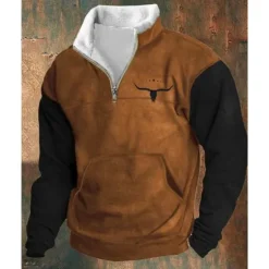 Outlet OUKU Men's Sweatshirt Quarter Zip Sweatshirt Black Brown Half Zip Color Block Cow Patchwork Pocket Sports & Outdoor Daily Holiday Polyester Vintage Casual Thin fleece Fall & Winter Clothing Apparel Hoodies