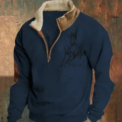 OUKU Men's Sweatshirt Quarter Zip Sweatshirt Black Navy Blue Brown Gray Half Zip Color Block Horse Patchwork Sports & Outdoor Daily Holiday Polyester Vintage Basic Casual Fall & Winter Clothing Apparel