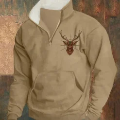 New OUKU Men's Sweatshirt Quarter Zip Sweatshirt Black Red Blue Khaki Half Zip Reindeer Print Christmas Daily Holiday Polyester Streetwear Casual Bavarian Fall & Winter Clothing Apparel Hoodies Sweatshirts