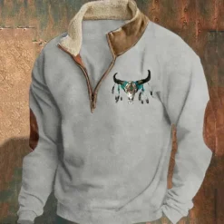 Sale OUKU Men's Sweatshirt Quarter Zip Sweatshirt Black Navy Blue Brown Gray Half Zip Graphic Cow Print Print Quarter Zip Christmas Daily Holiday Other Prints Polyester Streetwear Casual Fall Winter Clothing