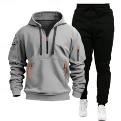Outlet OUKU Men's Sweatshirt Tracksuit Sweatsuit Black Navy Blue Khaki Gray Hooded Plain Drawstring 2 Piece Sports & Outdoor Daily Holiday Streetwear Basic Casual Spring & Fall Clothing Apparel Hoodies