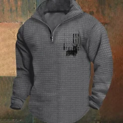 Clearance OUKU Men's Sweatshirt Waffle Sweatshirt Quarter Zip Sweatshirt White Wine Army Green Khaki Light Grey Half Zip Graphic Print Print Quarter Zip Christmas Daily Holiday Other Prints Polyester Streetwear