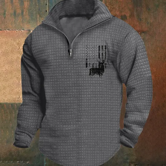 Clearance OUKU Men's Sweatshirt Waffle Sweatshirt Quarter Zip Sweatshirt White Wine Army Green Khaki Light Grey Half Zip Graphic Print Print Quarter Zip Christmas Daily Holiday Other Prints Polyester Streetwear