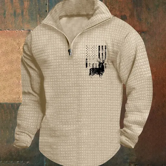 Clearance OUKU Men's Sweatshirt Waffle Sweatshirt Quarter Zip Sweatshirt White Wine Army Green Khaki Light Grey Half Zip Graphic Print Print Quarter Zip Christmas Daily Holiday Other Prints Polyester Streetwear