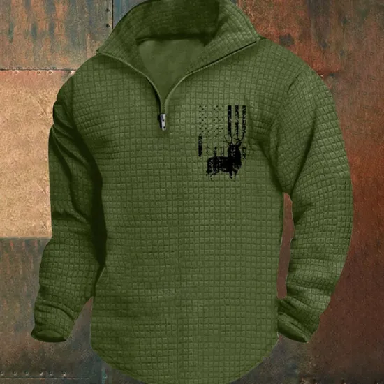 Clearance OUKU Men's Sweatshirt Waffle Sweatshirt Quarter Zip Sweatshirt White Wine Army Green Khaki Light Grey Half Zip Graphic Print Print Quarter Zip Christmas Daily Holiday Other Prints Polyester Streetwear